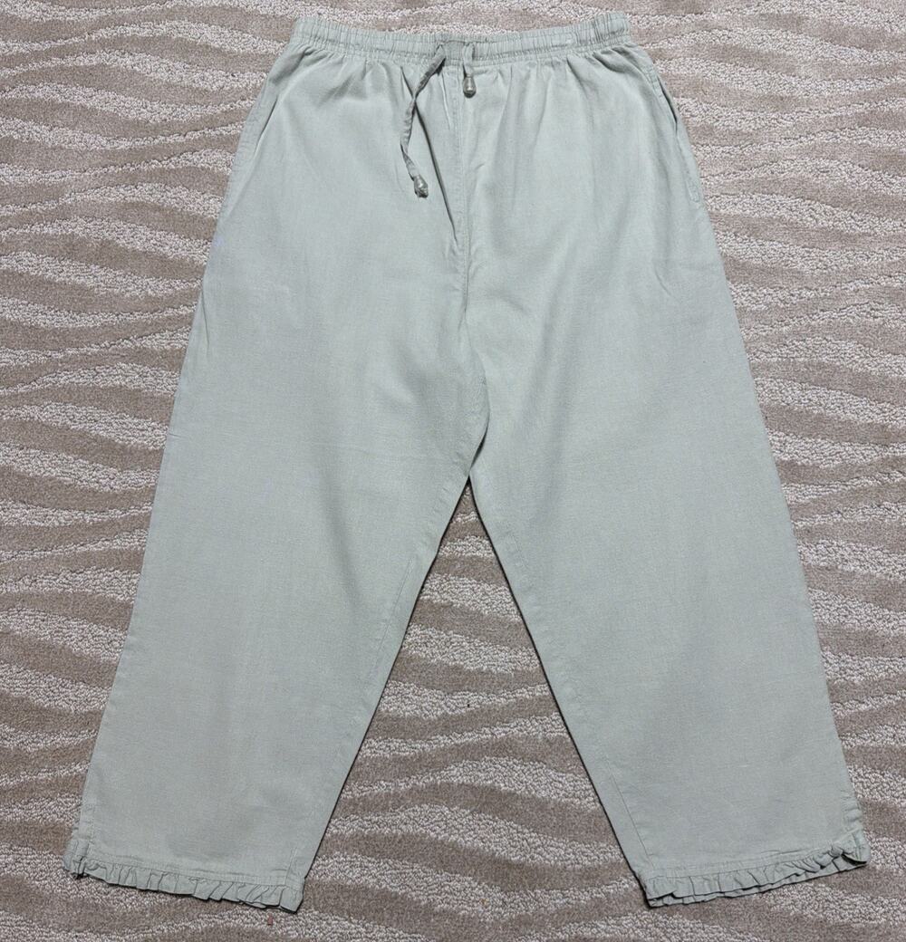 Vintage Capacity Linen Drawstring Crop Capri High Rise Pants Ruffle Hem SZ S